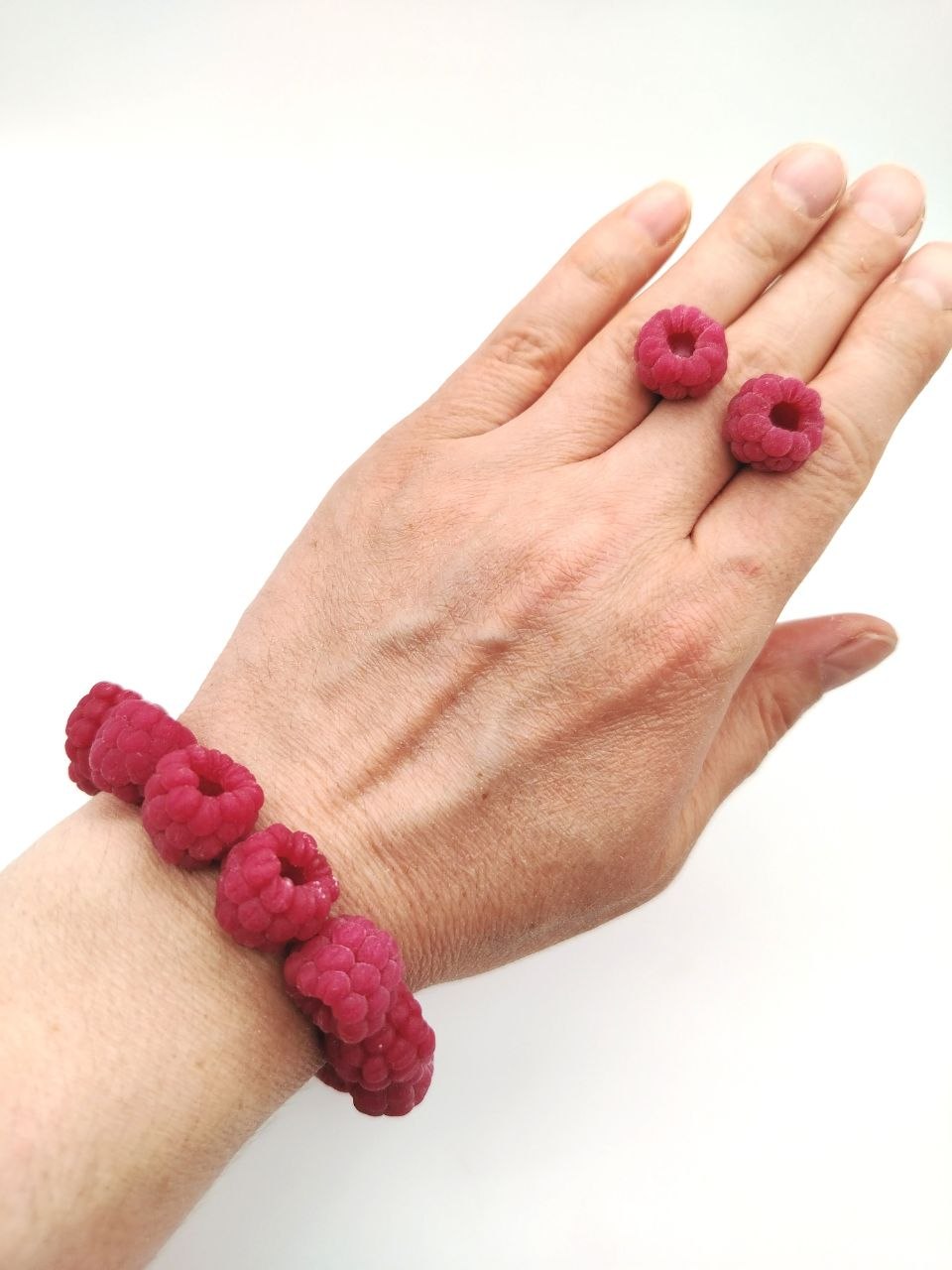 Bransoletka maliny handmade z kolczykami – biżuteria z glinki polimerowej